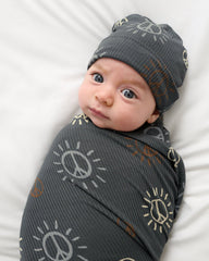 Peace & Love Ribbed Swaddle & Beanie Set