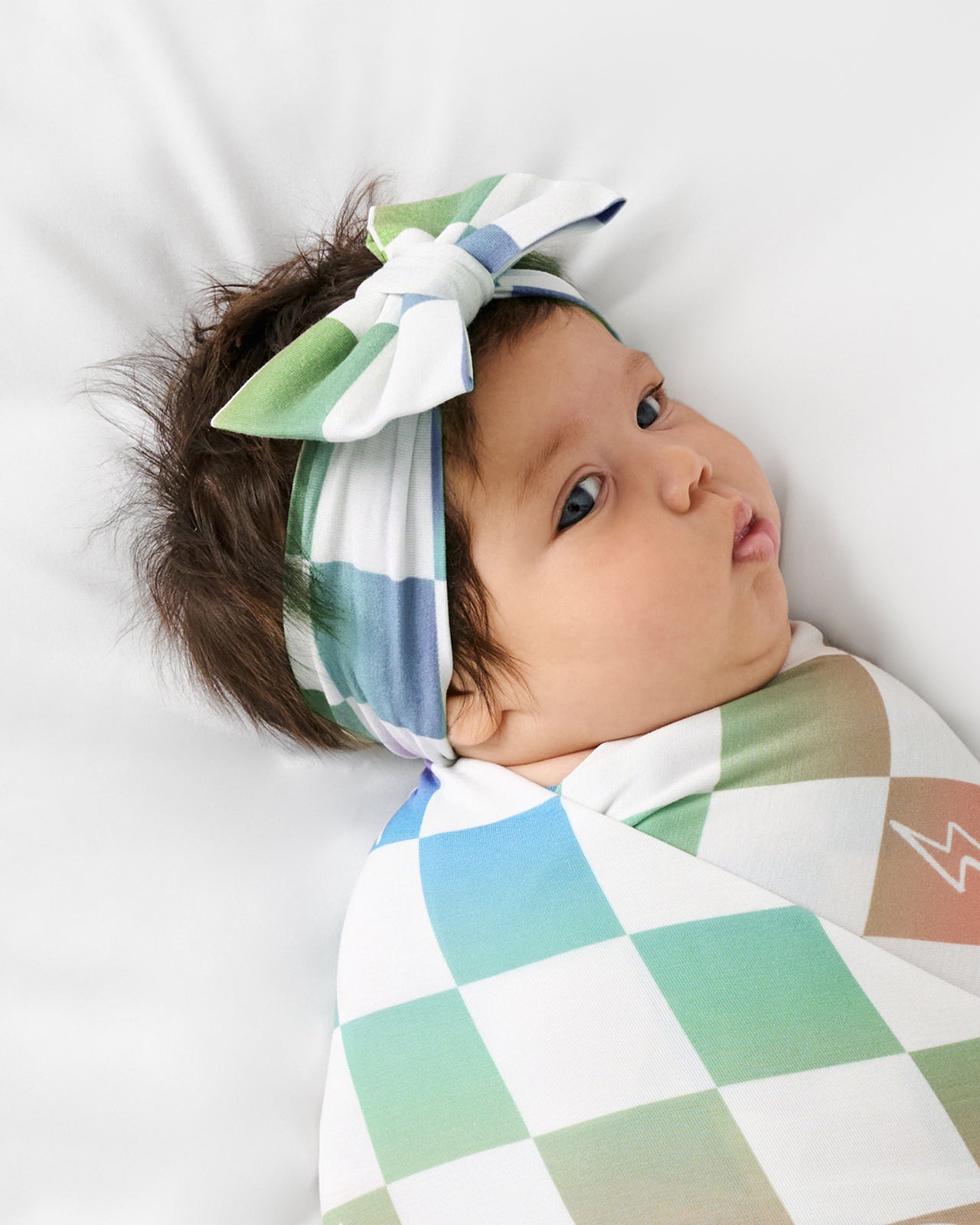 Ombre Cheery Checks Swaddle & Luxe Bow Headband Set