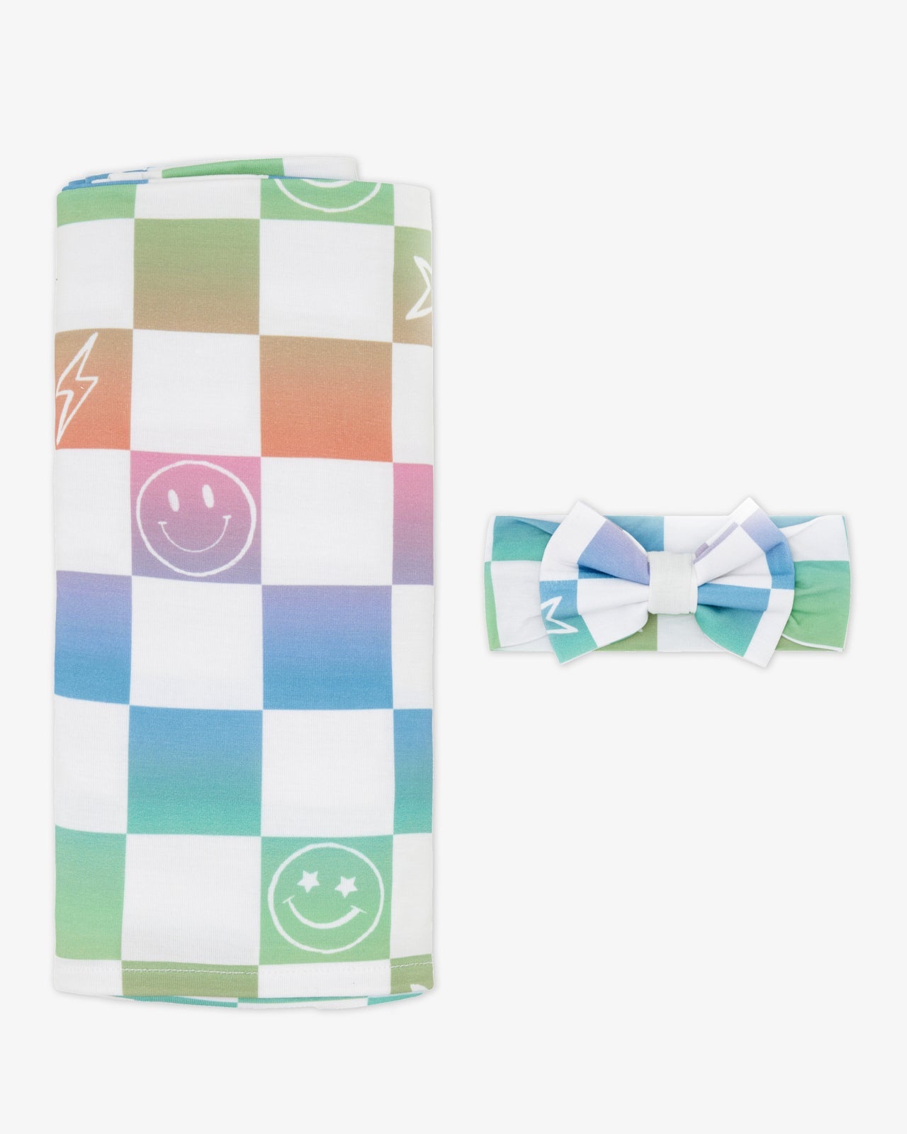 Ombre Cheery Checks Swaddle & Luxe Bow Headband Set