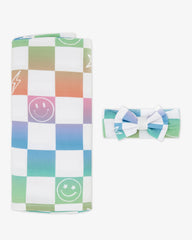 Ombre Cheery Checks Swaddle & Luxe Bow Headband Set