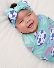 Aqua Soccer Stars Swaddle & Luxe Bow Headband Set