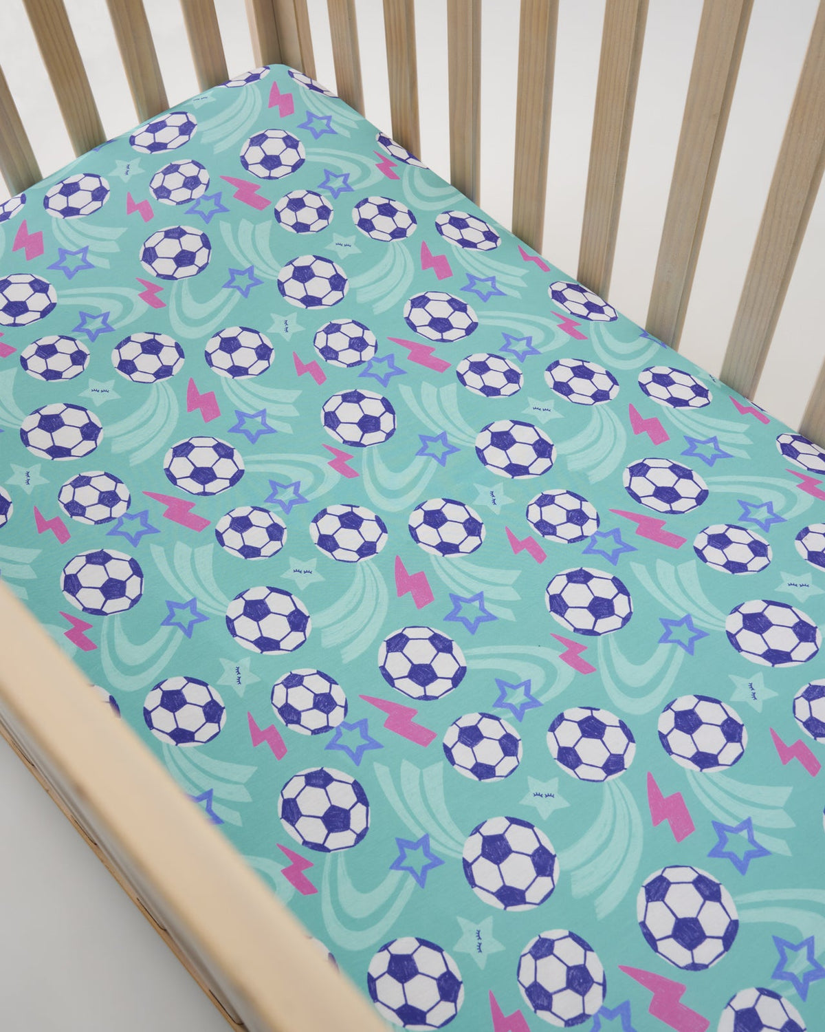 Aqua Soccer Stars Fitted Crib Sheet