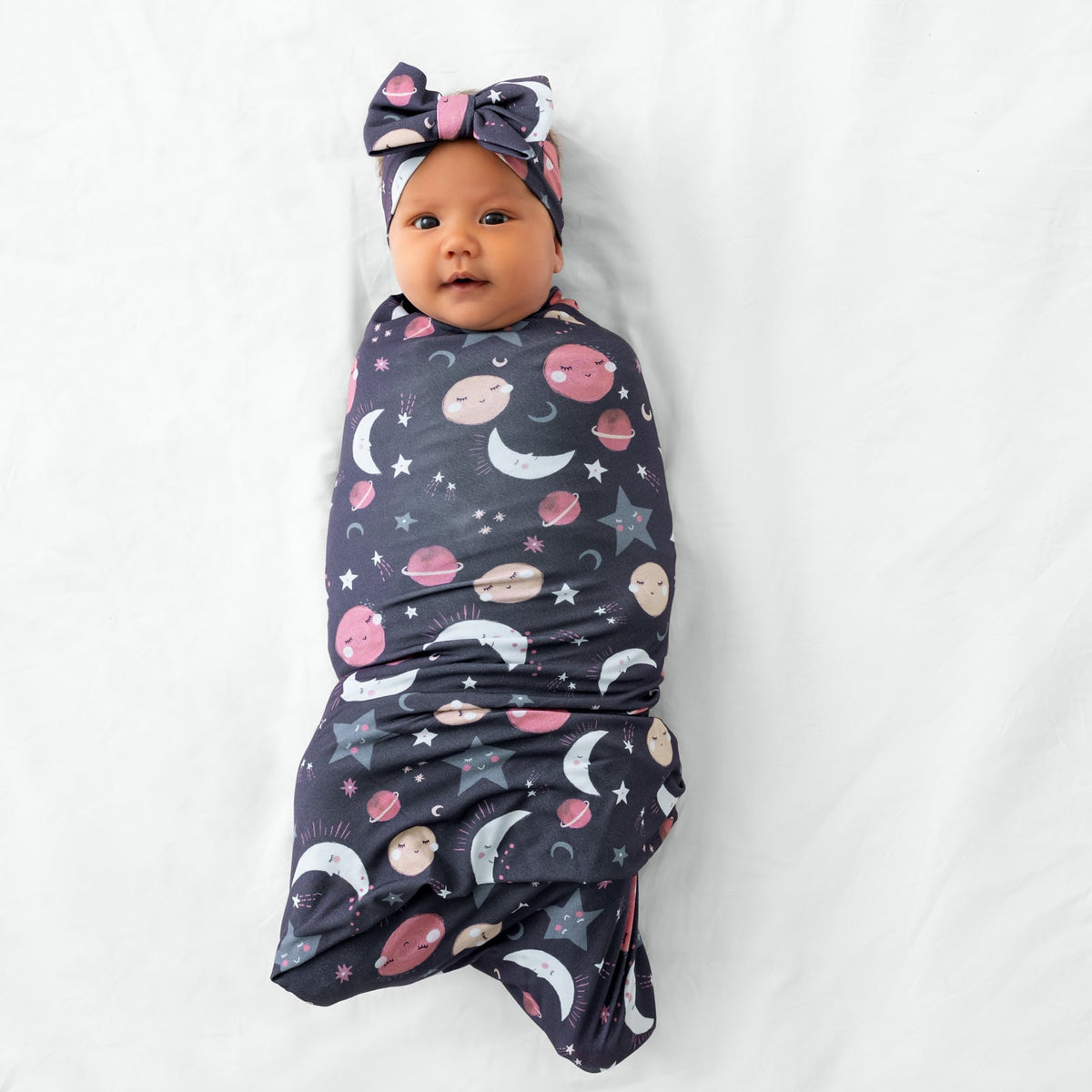 Pink To the Moon & Back Swaddle & Luxe Bow Headband Set