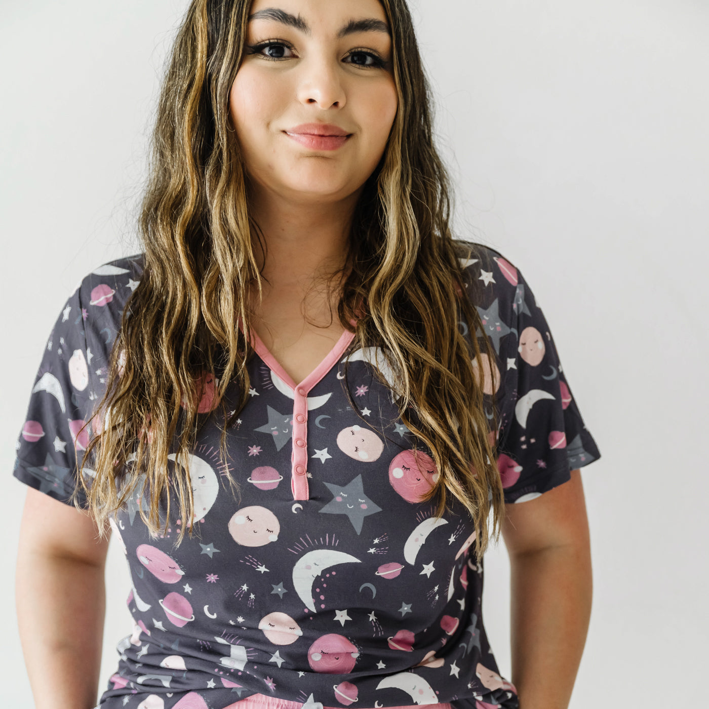 Pink To the Moon & Back Women's Short Sleeve Pajama Top
